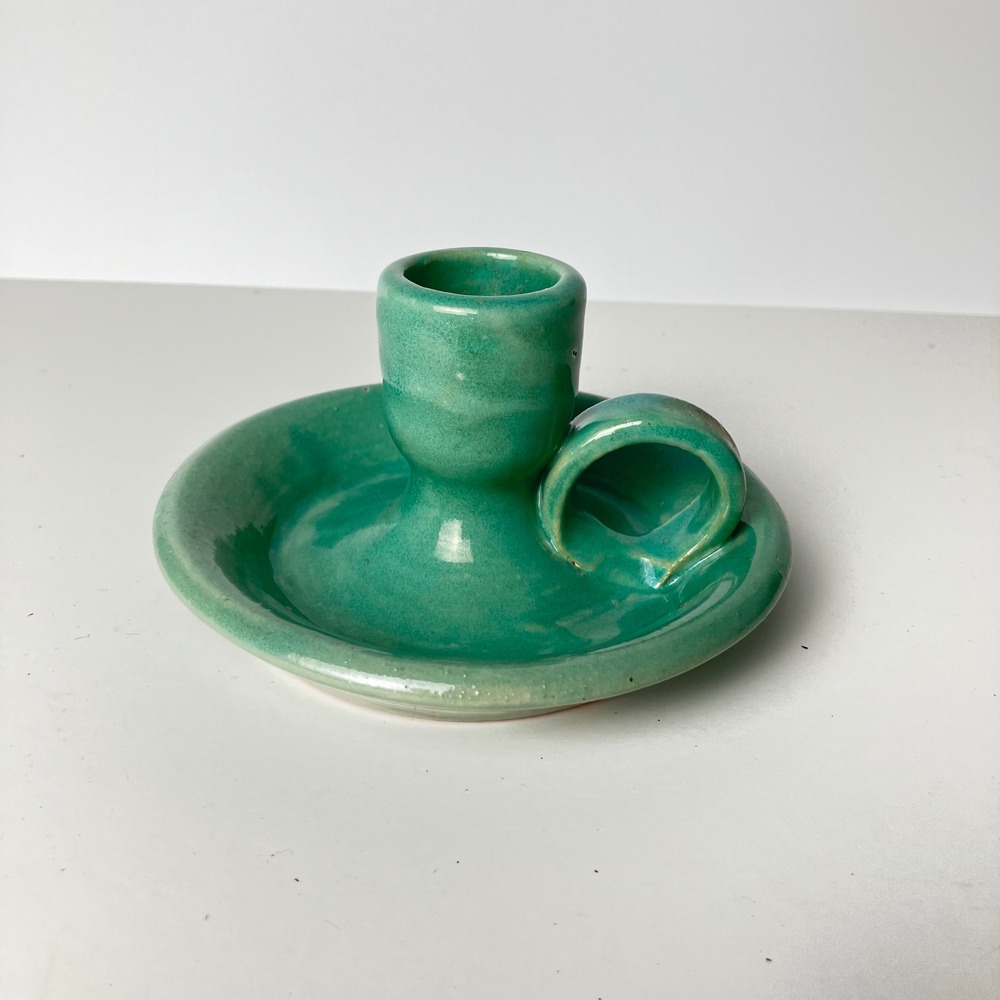 Bybee Pottery Chamberstick Candle Holder 5in Turquoise Green BB Stamped Vintage